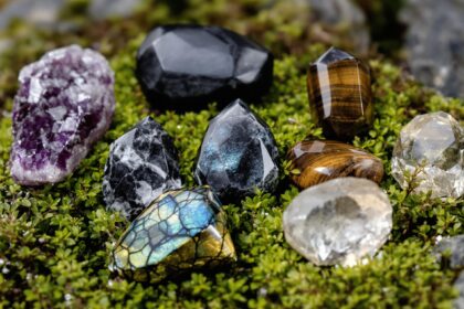Collection of various polished gemstones on green foliage